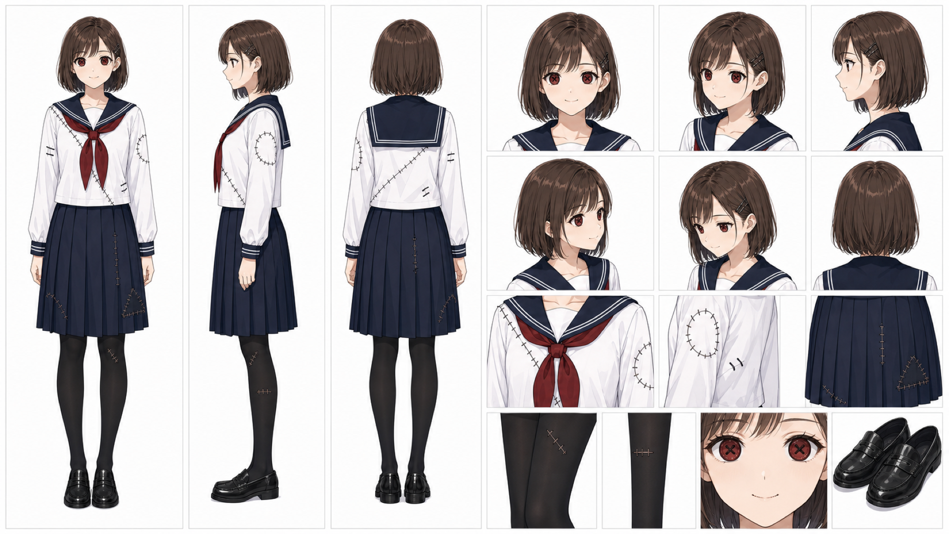 桜庭結衣の深紅ボタン目と中密度の左右非対称縫合を持つ人形化キャラクターシート