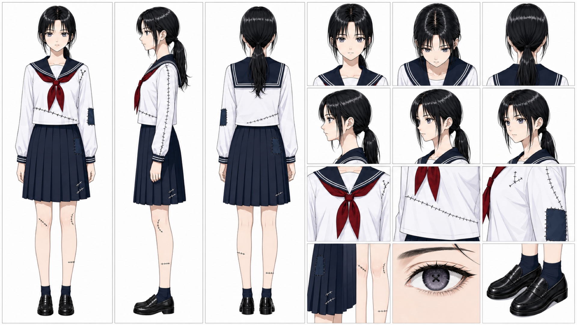 久世詩織の灰紫ボタン目と中密度の左右非対称縫合を持つ人形化キャラクターシート