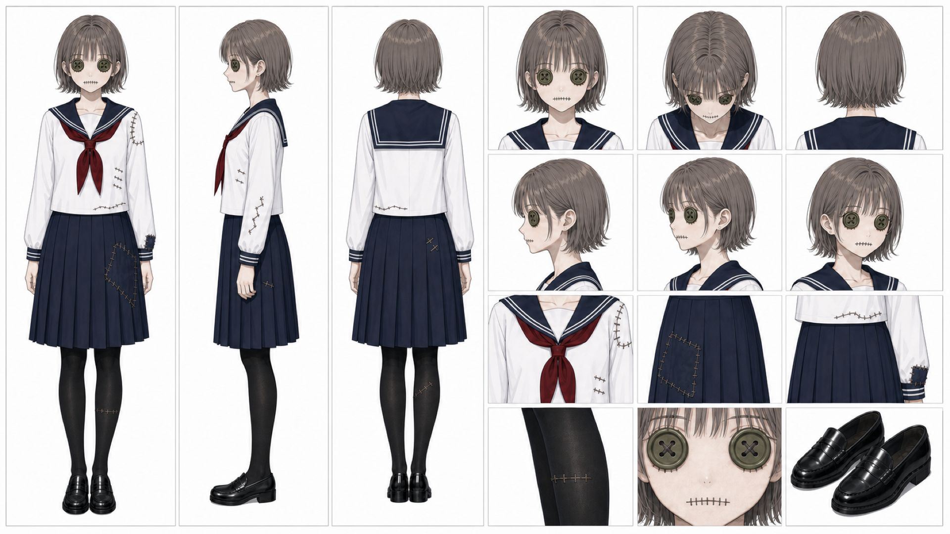 水城小春の翡翠ボタン目と中密度の左右非対称縫合を持つ人形化キャラクターシート