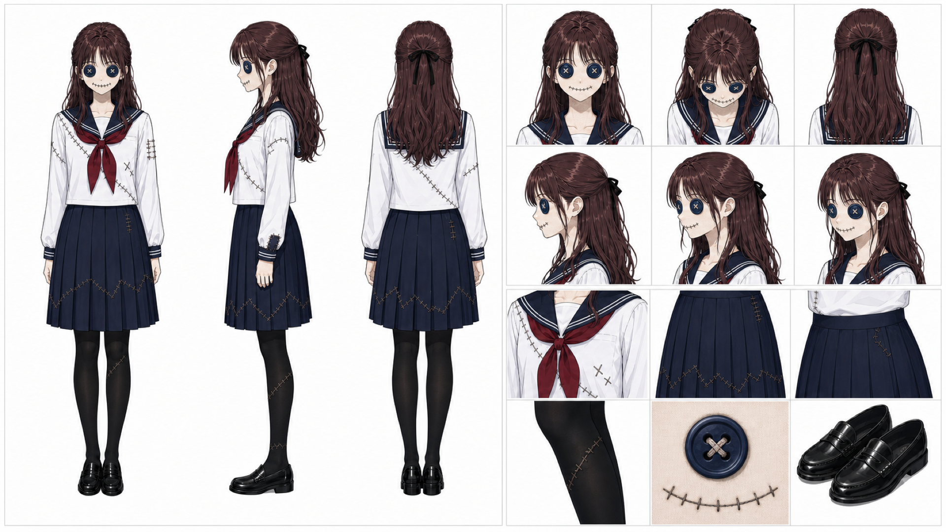 宮下日菜の濃紺ボタン目と中密度の左右非対称縫合を持つ人形化キャラクターシート