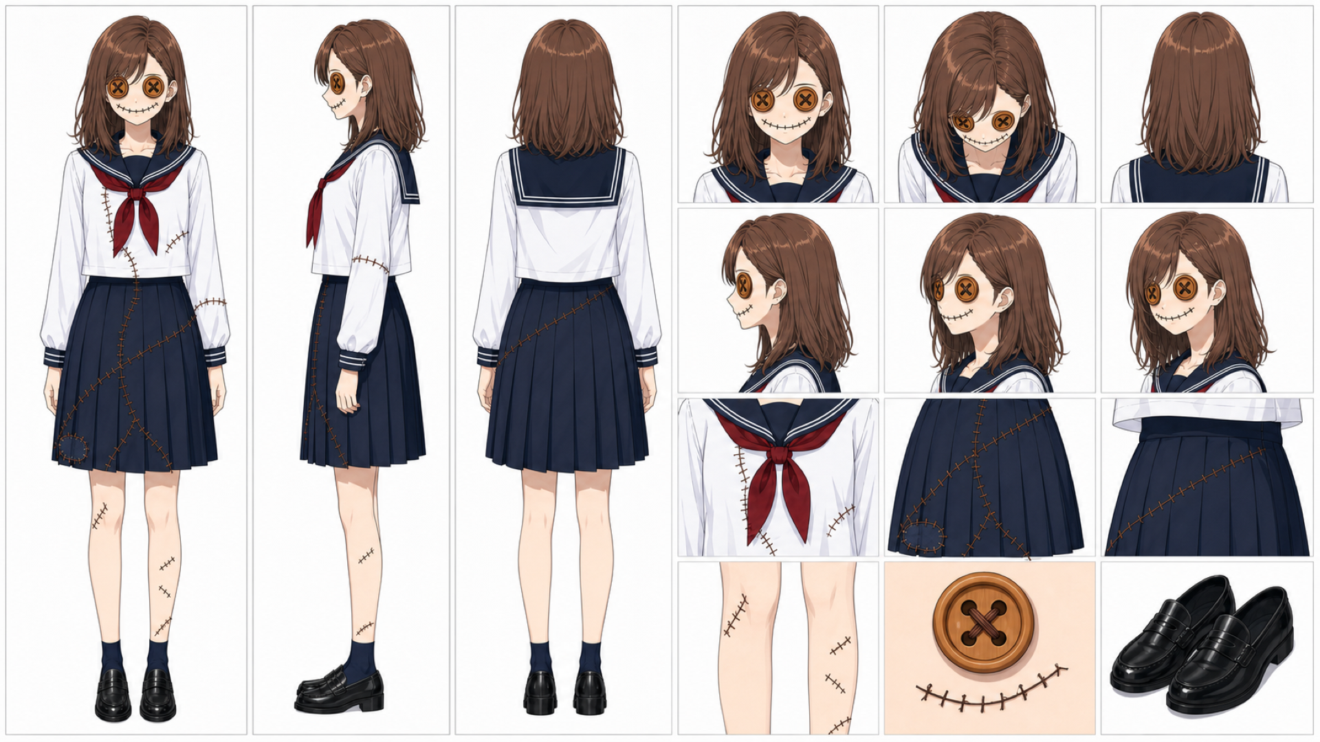 榊原奈央の蜂蜜色ボタン目と中密度の左右非対称縫合を持つ人形化キャラクターシート