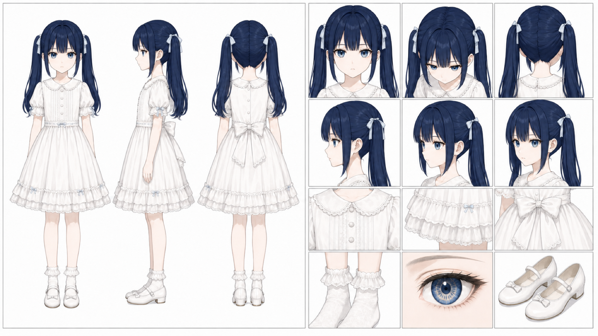 九条凛花10歳・ディープネイビー髪と白基調衣装のキャラクターシート