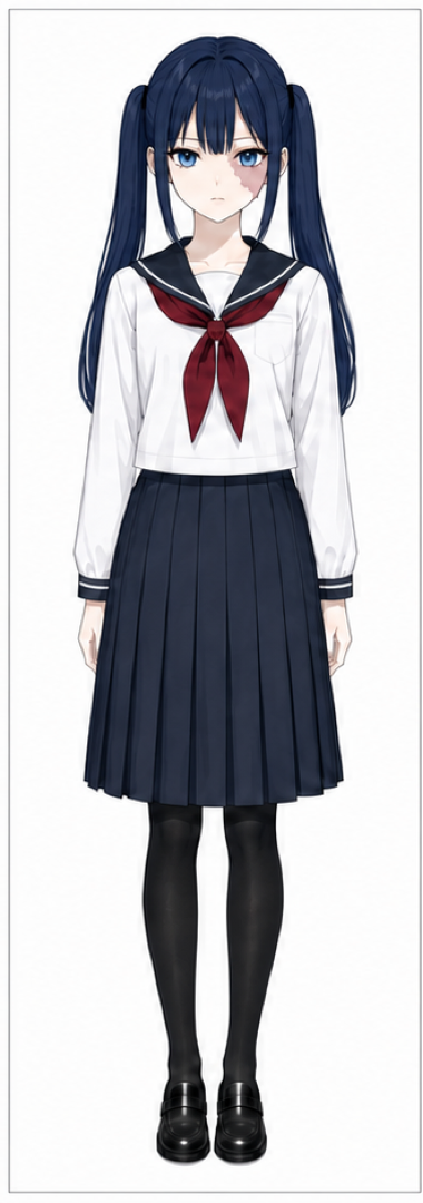 ディープネイビーのツインテールと濃紺制服、深紅スカーフ姿の九条凛花